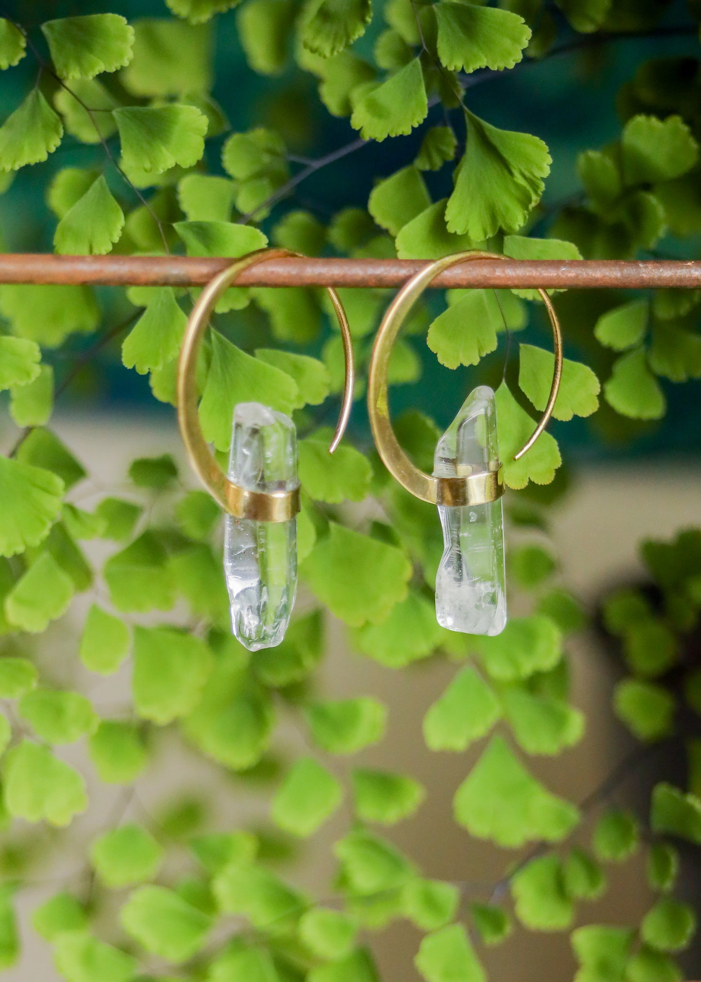 Brass Crystal Point Hoops | Druzy Gemstone Earrings