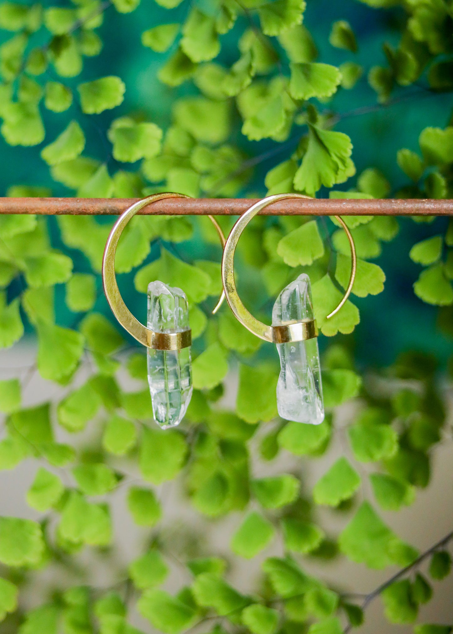 Brass Crystal Point Hoops | Druzy Gemstone Earrings