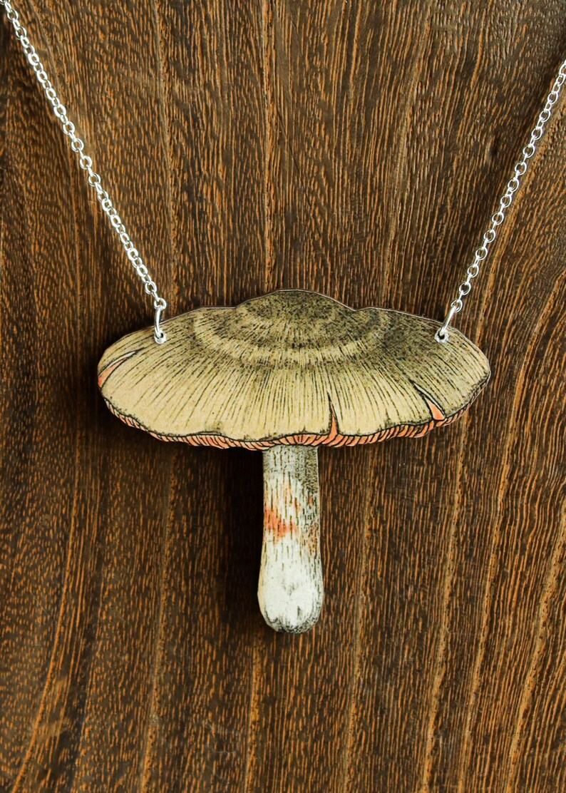 Mushroom Pendant Necklace | Russula Goblincore Fungi Mycology Jewelry | Fairycore Boho Botanical Gifts | Laser Cut Wood Nature Inspired